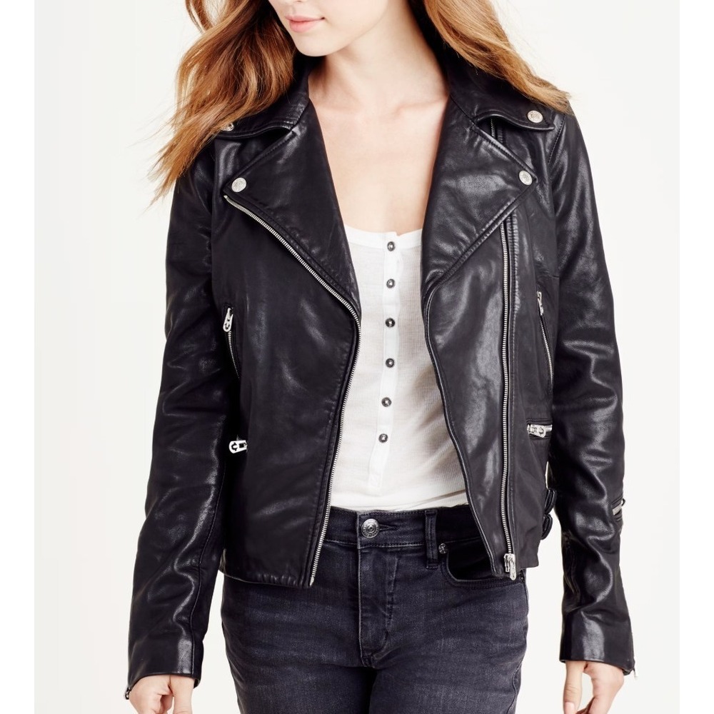 True Religion Women's Leather Moto Motorcycle style jacket Black NEW $599 SZ L